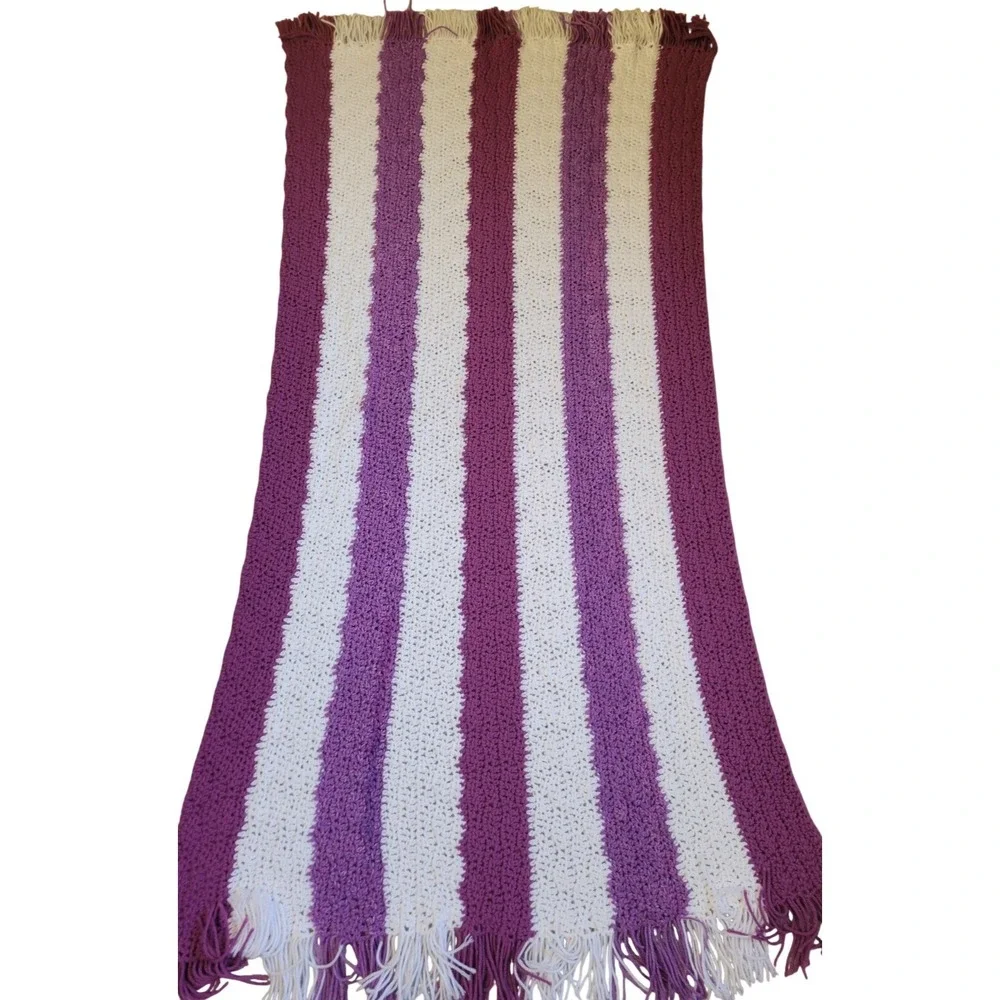 Handmade Crochet Throw Blanket Cozy Boho Striped Fringe Purple‎ White 60x34